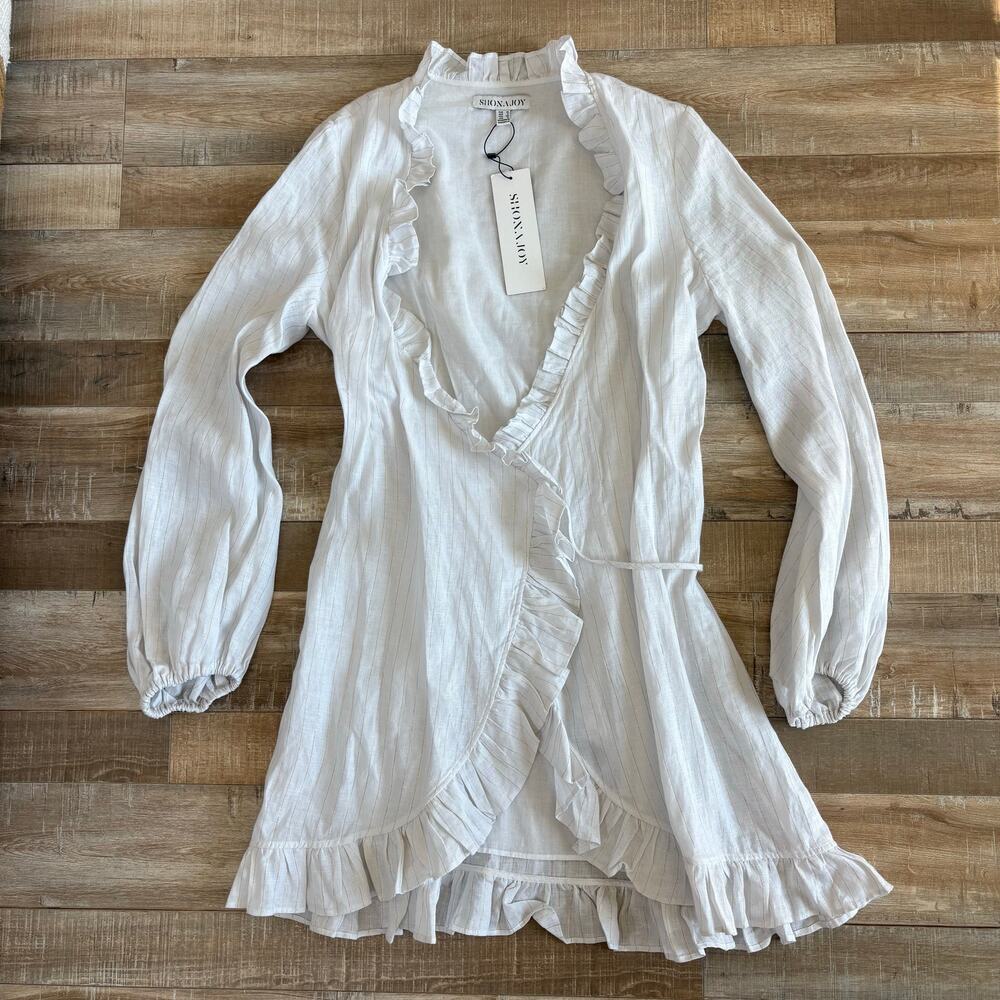 Shona Joy Holden Wrap Dress White Gold Lurex Linen Size 6 - Picture 2 of 8